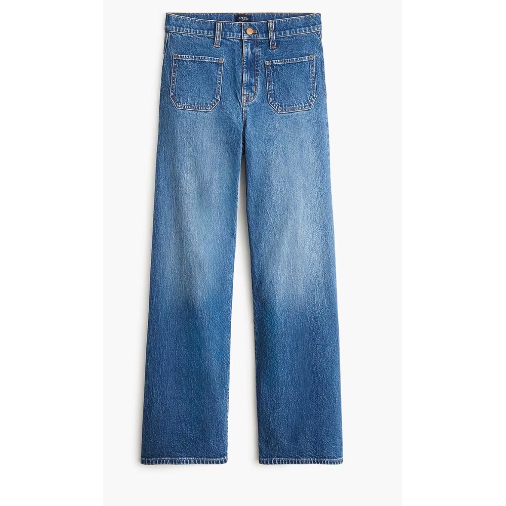 J.Crew Full Length Wide-Leg Jeans 32T Tall Medium Wash Blue Patch Pocket Denim